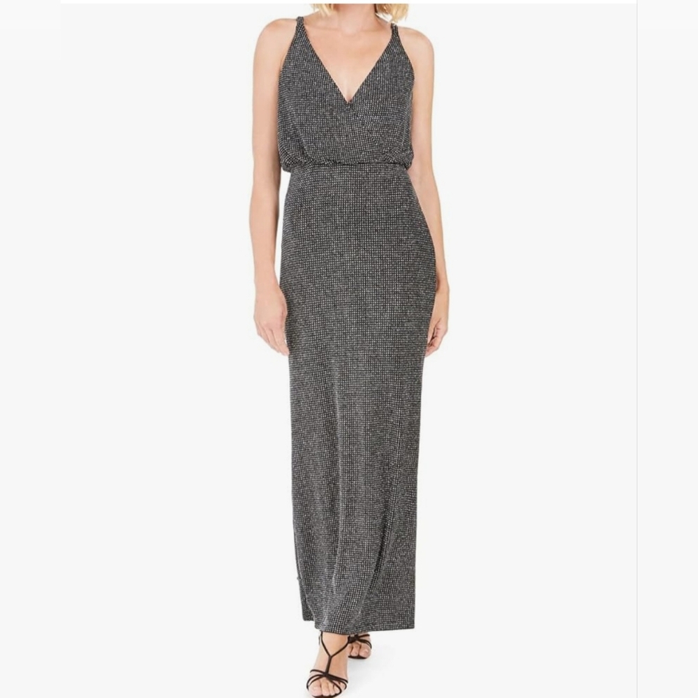 Vince Camuto size 6 black metallic long evening dress v-neck sleeveless